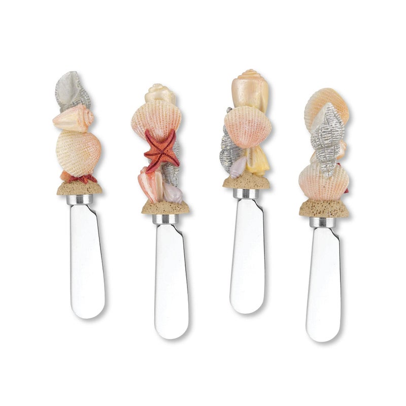 Wine Things Shells on Beach Cheese Spreaders, Hand-Painted Resin Handles with Stainless Steel Blades for Spreading Cream Cheese, Butter, and Jam, Assorted Designs, Set of 4 - Image 1